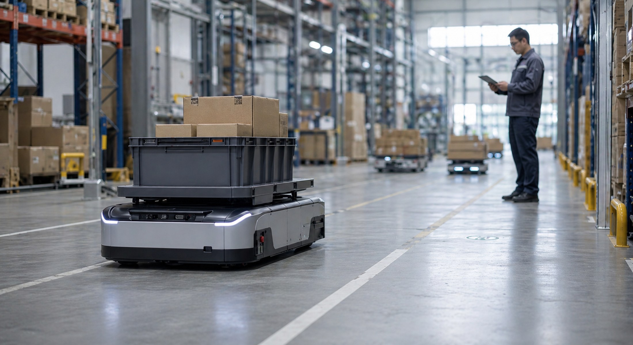 AMR-робот движется по современному складу с коробами