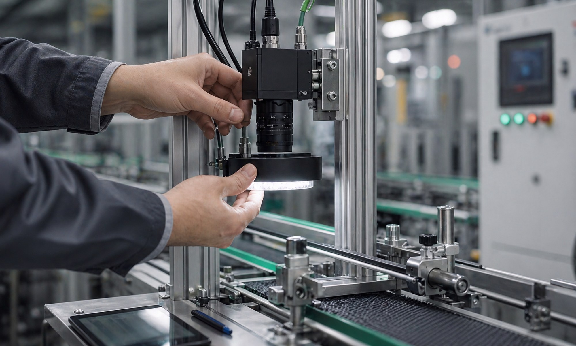 Инженер настраивает промышленную камеру машинного зрения на линии