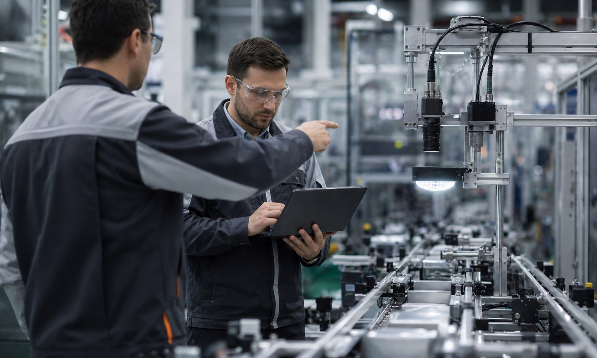 Инженеры разбирают участок производственной линии перед подбором оборудования