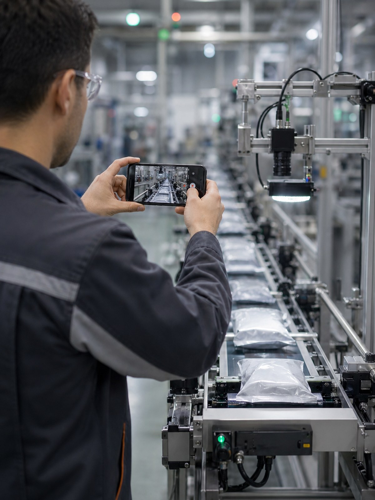 Инженер снимает видео производственного участка на телефон для подбора оборудования